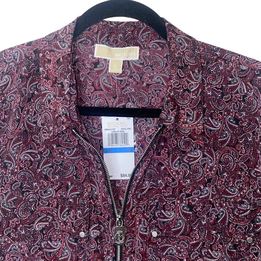 Michael Kors Royal Pink Paisley Zip Up Tap Sleeves Front Pockets High/Low Hem XL - Picture 5 of 8